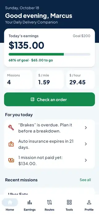 Home screen of the Driver Helper USA app with today's earnings and goal